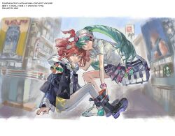 2girls aso54100857 bag beanie black_bag black_boots black_jacket blue_hair boots bracelet city collared_shirt drill_hair flat_chest from_side grey_eyes grey_skirt hat hatsune_miku highres jacket jewelry kasane_teto kneehighs long_hair long_sleeves looking_at_viewer looking_to_the_side multiple_girls nintendo open_clothes open_jacket open_mouth outdoors pantyhose pokemon polo_shirt project_voltage psychic_miku_(project_voltage) red_hair red_nails rival_teto_(project_voltage) shirt short_sleeves shoulder_bag sitting skirt socks squatting twin_drills twintails utau vocaloid white_pantyhose white_shirt