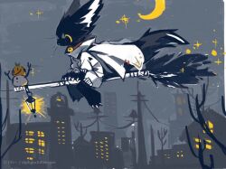 1other animal_ears bell black_eyes black_fur broom broom_riding cat_ears city city_lights claws collar collared_jacket colored_sclera crescent dg_jia furry grey_background jacket lantern lofter_username midair neck_bell original other_focus sketch sparkle star_(sky) tree whiskers white_jacket yellow_sclera