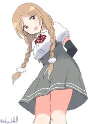 1girl absurdres arm_warmers arms_behind_back bow bowtie braid brown_hair collared_shirt dress_shirt feet_out_of_frame from_below grey_skirt hair_ornament highres kantai_collection long_hair looking_at_viewer low_twin_braids minegumo_(kancolle) one-hour_drawing_challenge plaid_bow plaid_bowtie plaid_clothes pom_pom_(clothes) pom_pom_hair_ornament red_bow red_bowtie red_eyes robinson_(day_l_full) shirt simple_background skirt solo suspender_skirt suspenders twin_braids twitter_username white_background white_shirt