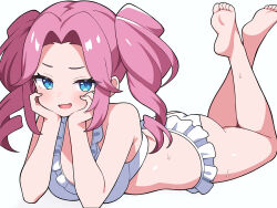1girl ass bikini blue_eyes breasts crossed_ankles drill_hair fang feet_up frilled_bikini frills large_breasts lying on_stomach pink_hair shikoku_metan skin_fang smug solo suuchi_maigo_(nan) swimsuit twin_drills voicevox wet white_background