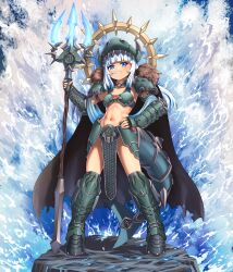 1girl absurdres adapted_costume animal_costume animal_hood armor armored_boots atlantis bikini bikini_armor blue_eyes blue_sash blue_streaks blunt_bangs boots bracer cape chainmail commission commissioner_upload crossover doom:_the_dark_ages doom_(series) doom_eternal energy_weapon fantasy fins fish_tail fur_collar gawr_gura gold gold_halo green_armor halo halo_behind_head happy highres hip_armor holding holding_polearm holding_staff holding_weapon hood huge_weapon loincloth multicolored_hair ocean polearm queen sash science_fiction shark shark_costume shark_girl shark_hood shark_tail sharp_teeth shoulder_armor sidelocks smile spiked_halo staff substance20 swimsuit tail teeth trident water waves weapon white_hair