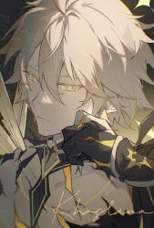 Rule 34 | 1boy, alternate form, bare pectorals, blonde hair, closed mouth, cracked skin, hair between eyes, half-closed eyes, halo, halo behind head, highres, honkai: star rail, honkai (series), keikupon, looking at viewer, male focus, pectorals, phainon (honkai: star rail), shirt, short hair, solo, torn clothes, torn shirt, upper body, yellow wings