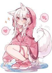 +_+ 1girl :o animal_ear_fluff animal_ears blush boots commentary_request fox_ears fox_girl fox_tail full_body grey_hair hair_between_eyes hair_ribbon heart highres hood hood_up hooded_jacket jacket long_hair long_sleeves looking_at_viewer motion_lines open_mouth original parted_lips pink_boots pink_jacket pink_raincoat pleated_skirt puddle puffy_long_sleeves puffy_sleeves raincoat red_eyes red_ribbon reflection ribbon ringouulu ripples rubber_boots simple_background skirt sleeves_past_wrists solo sparkle spoken_heart squatting tail twitter_username water wet white_background white_hair white_skirt