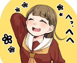 1girl :d ^_^ black_bow blush bow braid brown_dress brown_hair center-flap_bangs closed_eyes dress facing_viewer hair_bow hasu_no_sora_school_uniform highres kachimachi_kosuzu link!_like!_love_live! long_hair long_sleeves love_live! namazakana_kuenai neckerchief open_mouth sailor_collar sailor_dress school_uniform scratching_head side_ahoge side_braids simple_background smile solo upper_body virtual_youtuber white_sailor_collar winter_uniform yellow_background yellow_neckerchief