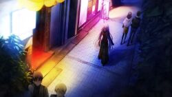 2boys 3girls black_boots black_gloves black_skirt boots brick_floor brick_wall cafe chaos;child coat collar faceless faceless_female frilled_collar frilled_jacket frilled_skirt frills from_above game_cg gloves haida_riko highres jacket leaf leather leather_gloves long_hair long_skirt multiple_boys multiple_girls night official_art outdoors pink_hair red_coat sasaki_mutsumi skirt walking