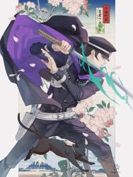 1boy absurdres black_cat black_hair cat cloak commentary_request devil_summoner:_raidou_kuzunoha_vs_the_soulless_army devil_summoner_(series) expressionless fine_art_parody flower gouto gun hat highres holding holding_sword holding_weapon katana kuzunoha_raidou male_focus mokoi_(megami_tensei) mount_fuji nihonga parody petals profile sword weapon za210n