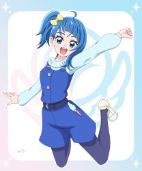 1girl :d absurdres ahoge alternate_costume anime_coloring arm_up artist_name belt black_belt blue_border blue_eyes blue_hair blue_overalls blue_pantyhose blue_sweater border bow breasts buttons clenched_hand commentary cut_bangs dot_nose four-pointed_star full_body gradient_border hair_bow highres hirogaru_sky!_precure legs_up light_blush long_sleeves looking_at_viewer medium_hair midair mirage_pen multicolored_border official_alternate_costume open_mouth outside_border overall_shorts overalls pantyhose pink_border ponytail precure round_teeth sakuragawa3710 shoes side_ponytail small_breasts smile solo sora_harewataru star_(symbol) star_border sweater teeth upper_body white_background winter_clothes yellow_bow yellow_shoes