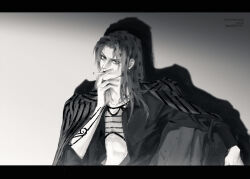 1boy artist_name black_jacket character_name cigarette diavolo drop_shadow english_text firepok fishnet_top fishnets greyscale head_tilt high_contrast holding holding_cigarette jacket jacket_on_shoulders jojo_no_kimyou_na_bouken letterboxed looking_at_viewer male_focus monochrome open_clothes open_jacket polka_dot polka_dot_hair smoking solo spotted_hair striped_clothes striped_jacket suit_jacket variant_set vento_aureo