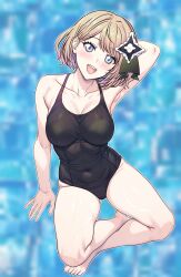 1girl :d absurdres arm_behind_head armpits bare_legs barefoot black_one-piece_swimsuit blonde_hair blurry blurry_background breasts cleavage cocorosot collarbone covered_navel eyelashes full_body grey_eyes hair_ornament happy head_tilt highres large_breasts nintendo one-piece_swimsuit open_mouth outline pokemon pokemon_masters_ex serena_(pokemon) serena_(sygna_suit)_(pokemon) short_hair smile solo swimsuit teeth toes upper_teeth_only