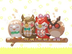 1boy 1girl animal_crossing beak bird blathers_(animal_crossing) blush blush_stickers bow bubble celeste_(animal_crossing) claws closed_eyes commentary creatures_(company) crossover furry furry_female furry_male game_freak gen_2_pokemon gen_7_pokemon hoothoot kaitenjikken log nintendo owl pokemon pokemon_(creature) rowlet sleeping smile symbol-only_commentary wings zzz