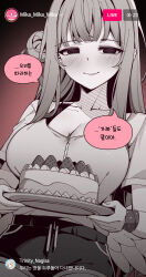 1girl alternate_costume birthday_cake blank_eyes blonde_hair blue_archive blush breasts cake cleavage closed_mouth flower food from_below greyscale_with_colored_background hair_between_eyes hair_bun hair_flower hair_ornament highres holding holding_plate kyoto_mogu large_breasts long_hair looking_at_viewer mika_(blue_archive) nagisa_(blue_archive) plate shirt short_shorts shorts sidelocks single_side_bun smile white_flower wristband
