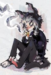 1girl animal_ears animal_feet black_eyes black_nails black_pants black_shirt blush cigarette claws commentary dizzychelsy dog_ears dog_girl dog_snout english_commentary fire freckles furry furry_female grey_background grey_hair highres holding holding_cigarette multicolored_hair original pants pawpads purple_sweater shirt sitting smoking solo sweater two-tone_hair white_fur