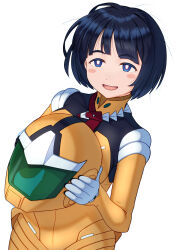 1girl black_hair blue_eyes bright_pupils commentary_request earth_federation gundam gundam_gquuuuuux highres holding_unworn_helmet jouzou loose_hair_strand mature_female mecha_pilot_suit open_mouth shiiko_sugai short_hair simple_background smile solo standing white_background white_pupils