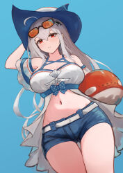 absurdres ahoge arknights bare_shoulders belt blue_bow blue_shorts bow breasts collarbone cowboy_shot expressionless eyewear_on_head from_below hair_between_eyes hand_on_own_head highres hiun64 inflatable_orca inflatable_toy large_breasts long_hair midriff navel off-shoulder_shirt off_shoulder official_alternate_costume orange-tinted_eyewear orca_hair_ornament red_eyes shirt short_shorts shorts sidelocks skadi_(arknights) skadi_(waverider)_(arknights) sunglasses teeth thigh_gap thighs tinted_eyewear white_belt white_hair