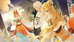 1boy 2girls =_= absurdres aqua_skirt architecture black_coat blonde_hair brown_sash bug building butterfly camellia_cookie capelet changpao chinese_clothes closed_mouth cloud coat coat_on_shoulders collarbone cone_hair_bun cookie_run cowboy_shot crop_top curtained_hair dress dunhuang_style dusk east_asian_architecture facial_mark falling_petals feet_out_of_frame flipped_hair floral_print flower flower_facial_mark forehead_mark gold_osmanthus golden_osmanthus_cookie green_eyes hair_bun hair_flower hair_ornament hand_up hands_on_own_hips hanfu highres humanization insect jiujiujiujiu_gui_yi lantern legs_apart light_particles light_smile long_hair long_sleeves looking_at_another looking_at_viewer looking_back looking_to_the_side medium_hair midriff monocle multicolored_hair multiple_girls off-shoulder_shirt off_shoulder open_mouth orange_flower orange_hair red_osmanthus_cookie orange_shawl orange_shirt orange_skirt osmanthus overskirt paper_lantern parted_bangs petals pillar pink_hair railing robe see-through_clothes see-through_shawl see-through_skirt shawl shirt short_sleeves sidelocks single_side_bun skirt sleeve_cuffs standing streaked_hair tassel tree two-tone_skirt very_long_hair white_dress white_hair white_robe wide_sleeves yellow_butterfly yellow_capelet yellow_eyes yellow_flower yellow_skirt
