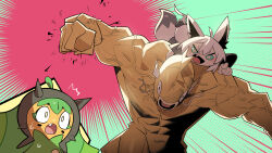 ^^^ absurdres ahoge cocomayo29_(tomato) commentary_request creatures_(company) fang fins fox_girl fox_tail game_freak gen_1_pokemon head_fins highres hololive korean_commentary magikarp muscular nintendo ogerpon on_shoulder open_mouth personification pointing pointing_forward pokemon pokemon_(creature) punching shirakami_fubuki star-shaped_pupils star_(symbol) symbol-shaped_pupils tail veins veiny_arms whiskers white_hair