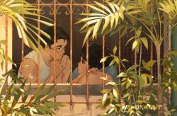 2boys artist_name black_hair day eye_contact foliage from_outside glasses highres light_smile looking_at_another male_focus multiple_boys nekokonut22 original outdoors plant shirt short_hair short_sleeves sitting sleeveless sunlight tree window