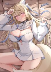 Rule 34 | 1girl, animal ears, blonde hair, blue hair, blue nails, blush, breasts, cleavage, closed mouth, dog ears, dog girl, dog tail, dress, fuwawa abyssgard, fuwawa abyssgard (1st costume), highres, hololive, hololive english, large breasts, looking at viewer, lying, multicolored hair, on back, on bed, pink hair, smile, solo, streaked hair, tail, takuty, two-tone hair, two side up, virtual youtuber, white dress