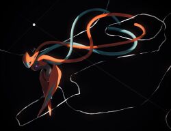alien black_background black_sclera colored_sclera commentary creatures_(company) crossed_legs deoxys deoxys_(attack) game_freak gem gen_3_pokemon highres leaning leaning_forward lole_pokemon looking_down moon mythical_pokemon nintendo pokemon pokemon_(creature) purple_gemstone symbol-only_commentary tendril watson_cross