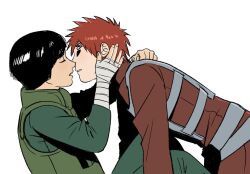 2boys bandaged_hand bandages black_hair bowl_cut brown_shirt chest_harness closed_eyes closed_mouth collared_jacket facial_tattoo fingernails flak_jacket forehead_tattoo gaara_(naruto) green_pants green_shirt hand_on_another&#039;s_back hand_on_another&#039;s_face harness highres imminent_kiss jacket kneeling leaning_back leaning_forward long_sleeves male_focus multiple_boys naruto_(series) naruto_shippuuden pants parted_lips popped_collar rock_lee shirt simple_background tattoo teeth tinh_daubuoi upper_teeth_only white_background yaoi