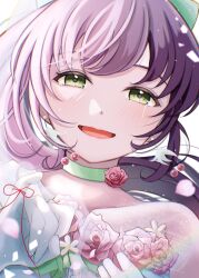 Rule 34 | 1girl, :d, alt text, bow, choker, chromatic aberration, collarbone, commentary, crying, crying with eyes open, dress, earrings, flower, flower-trimmed dress, flower choker, flower earrings, frilled dress, frills, gloves, green bow, green choker, hair bow, highres, jewelry, link! like! love live!, long hair, love live!, official alternate costume, open mouth, otomune kozue, pink flower, pink rose, pinky out, ponytail, portrait, purple hair, rose, ryuuka (moriryuuuuu24), single-shoulder dress, single bare shoulder, smile, solo, string, string of fate, string on pinky, tears, virtual youtuber, white gloves, yume wazurai