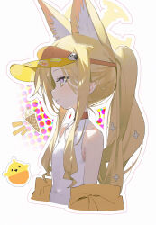 Rule 34 | 1girl, animal ears, blonde hair, blue archive, breasts, commentary, fox ears, fox girl, from side, halo, highres, long hair, measho, official alternate costume, one-piece swimsuit, parted lips, ponytail, seia (blue archive), seia (swimsuit) (blue archive), small breasts, solo, swimsuit, symbol-only commentary, visor cap, white one-piece swimsuit, yellow halo