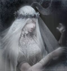 Rule 34 | 1girl, braid, closed eyes, colored eyelashes, commentary, cracked skin, doll joints, dress, elden ring, elden ring nightreign, flower wreath, harp, head wreath, highres, instrument, joints, locky0001, low twin braids, music, parted bangs, playing instrument, puffy short sleeves, puffy sleeves, revenant (elden ring), short sleeves, signature, solo, twin braids, veil, white dress, white eyelashes, white hair, white veil