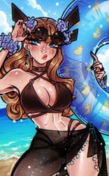 1girl alternate_costume beach bikini black_bikini black_sarong blonde_hair blue_eyes blue_flower blue_innertube breasts cleavage day eyewear_on_head flower hair_flower hair_ornament highres innertube long_hair looking_at_viewer magik_(x-men) marvel marvel_rivals outdoors poposhirat round_eyewear sarong solo sunglasses swim_ring swimsuit water