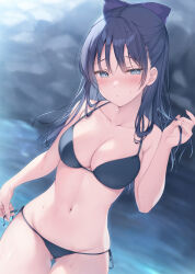 Rule 34 | 1girl, aotsu karin, bikini, black bikini, black hair, blue eyes, blush, bow, breasts, cleavage, collarbone, commentary request, expressionless, gluteal fold, hair bow, highres, large breasts, long hair, looking at viewer, miyao nemu, navel, outdoors, rock, side-tie bikini bottom, sidelocks, solo, swimsuit, wet, witch watch