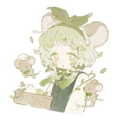 Rule 34 | 1girl, animal ears, blush, flower, green eyes, green hair, green ribbon, hair flower, hair ornament, hairband, leaf, long sleeves, looking at viewer, memuro, mouse (animal), mouse ears, original, ribbon, shirt, solo, twitter username, upper body, vest, white background, white shirt