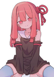 Rule 34 | 1girl, arms between legs, black dress, black sleeves, closed mouth, detached sleeves, dress, hair between eyes, hair ribbon, highres, kotonoha akane, long hair, looking at viewer, red eyes, red hair, red ribbon, ribbon, sidelocks, simple background, sleeveless, sleeveless dress, smile, solo, squatting, takanashi yuki, thighhighs, voiceroid, white background, white thighhighs, zettai ryouiki