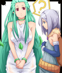 2girls ? alchemist_(ragnarok_online) blue_eyes blue_gloves breast_envy breasts brown_cape cape closed_mouth commentary_request cowboy_shot dress elbow_gloves envy expressionless fur_collar gloom_(expression) gloves green_hair grey_gloves hutene large_breasts lif_(ragnarok_online) long_hair looking_at_another looking_to_the_side multiple_girls own_hands_together pointy_ears ragnarok_online red_eyes short_hair sleeveless sleeveless_dress small_breasts spoken_question_mark strapless strapless_dress very_long_hair white_dress