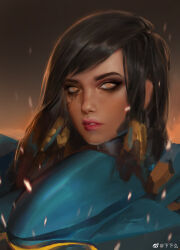 1girl black_hair blue_cloak chinese_commentary cloak commentary_request dark-skinned_female dark_skin embers expressionless eyelashes eyeshadow facepaint gradient_background hair_tubes highres lipstick long_hair makeup original outdoors parted_lips pink_lips realistic solo swept_bangs teeth thick_eyebrows twilight upper_body watermark weibo_watermark xiaxiama yellow_eyes