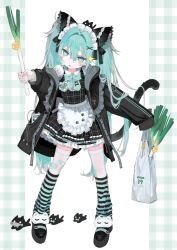 1girl aged_down alternate_costume apron aqua_bow aqua_bowtie aqua_eyes aqua_hair aqua_socks bag bandaid bandaid_on_leg black_bow black_dress black_jacket black_shoes black_socks blush_stickers bow bowtie cat cat_tail dress enmaided food frilled_dress frills full_body hair_bow hair_intakes hair_ornament hairclip hashtag-only_commentary hatsune_miku highres holding holding_bag holding_food jacket long_hair loose_socks maid maid_headdress open_mouth outstretched_arms paw_print plaid_clothes plaid_dress plastic_bag sale shoes single_sleeve_past_fingers socks solo sparkle spring_onion striped_clothes striped_socks tail tekito_midori thighhighs triangle_mouth twintails unconventional_maid very_long_hair vocaloid waist_apron white_apron white_thighhighs x_hair_ornament