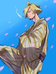 Rule 34 | 1boy, blonde hair, blue sky, chonmage, cigarette, facial hair, goatee, hair bun, highres, japanese clothes, kimono, leg up, looking at viewer, male focus, mgmgmgdo, mustache, one piece, petals, pink petals, sanji (one piece), sky, smoke, solo, striped clothes, striped kimono, topknot, twitter username, vertical-striped clothes, vertical-striped kimono