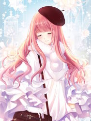 1girl artist_request bag beret blue_sky brown_bag brown_hat capelet closed_mouth countdown day dress floral_background flower frilled_dress frilled_sleeves frills fur_scarf game_cg gloves half-closed_eyes happy hat light_blush long_hair long_sleeves miracle_nikki nikki_(nikki) nikki_(series) official_art outdoors pink_hair pom_pom_(clothes) scarf shoulder_bag sidelocks sky smile solo third-party_source very_long_hair watermark wavy_hair web_address white_capelet white_dress white_flower white_gloves white_scarf winter_angel_(miracle_nikki)
