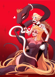 1boy 1girl adylaineart animalization breasts couple demon demon_boy demon_girl demon_horns dress hazbin_hotel highres horns husband_and_wife large_breasts lilith_(hazbin_hotel) long_hair lucifer_morningstar_(hazbin_hotel) person_and_animalization very_long_hair