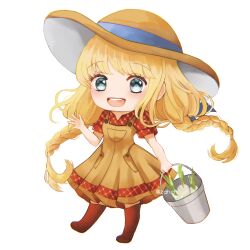 1girl :d blonde_hair blue_eyes blush bokujou_monogatari bokujou_monogatari:_mittsu_no_sato_no_taisetsuna_tomodachi boots braid brown_boots brown_dress bucket chibi chibi_only collared_shirt dress floating_hair hat highres holding holding_bucket knee_boots long_hair looking_at_viewer low_twin_braids nanami_(bokujou_monogatari) open_mouth pinafore_dress plaid_clothes plaid_shirt pocket radish red_shirt shirt simple_background sleeveless sleeveless_dress smile solo standing sun_hat swept_bangs teeth twin_braids upper_teeth_only very_long_hair waving white_background wide-eyed wing_collar zahchii_(airiakasaki)