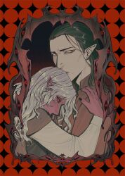 2boys baldur&#039;s_gate baldur&#039;s_gate_3 black_hair cazador_szarr commentary dark-skinned_male dark_skin dungeons_&amp;_dragons dungeons_&amp;_dragons earrings english_commentary grey_hair highres hug jewelry long_hair multiple_boys narrowed_eyes pointy_ears red_eyes vellioth viol_vrt wavy_hair yaoi