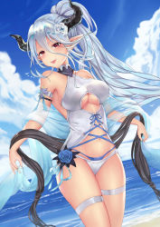 1girl absurdres armband artist_request bare_shoulders beach blue_flower blue_hair blue_ribbon blue_rose blue_sky blush breasts cross-laced_clothes day draph female_focus flower granblue_fantasy hair_between_eyes hair_flower hair_ornament halterneck highres hip_focus horns izmir izmir_(summer)_(granblue_fantasy) large_breasts long_hair looking_at_viewer mole mole_under_mouth navel ocean one-piece_swimsuit open_mouth outdoors pointy_ears red_eyes ribbon rose sash sky smile snowflake_hair_ornament solo swimsuit thigh_strap thighs underboob white_one-piece_swimsuit
