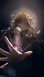 1girl barbed_wire blonde_hair blood blue_eyes cartethyia_(wuthering_waves) clenched_teeth commentary crown_of_thorns cryne earrings english_commentary highres jewelry long_hair pointy_ears reaching reaching_towards_viewer scene_reference solo tacet_mark_(wuthering_waves) teeth twitter_username very_long_hair wuthering_waves