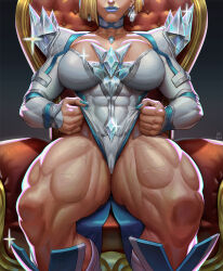 abs armor blonde_hair blue_lips blue_nails boots breasts cameltoe choker cleavage diamond_earrings earrings emma_frost highres jewelry large_breasts leotard looking_at_viewer marvel marvel_rivals muscular muscular_female pauldrons short_hair shoulder_armor simple_background sitting smile thick_thighs thighs throne veins veiny_thighs xevious_art
