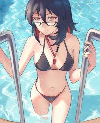 Rule 34 | 1girl, ark ford, bikini, black bikini, black hair, breasts, enma-chan, glasses, hair between eyes, halterneck, highres, hololive, hololive english, ladder, lifeguard, looking at viewer, medium breasts, multicolored hair, navel, pool, pool ladder, red eyes, red hair, semi-circular eyewear, solo, string bikini, swimsuit, takodachi (ninomae ina&#039;nis), two-tone hair, virtual youtuber, water