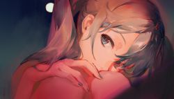 1girl bare_shoulders blue_eyes blue_nails brown_hair commentary female_focus hair_over_one_eye hand_on_own_knee hatsune_miku head_rest knees_up long_hair looking_at_viewer nail_polish parted_lips portrait smile solo symbol-only_commentary vocaloid yyb