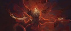 1boy armlet belt black_background chenyangforone closed_mouth cropped_torso elden_ring elden_ring:_shadow_of_the_erdtree facing_viewer fingernails fire highres holding holding_polearm holding_weapon jewelry long_hair looking_at_viewer messmer_the_impaler one_eye_closed outstretched_arms painterly polearm red_hair sharp_fingernails snake solo spear spread_arms weapon