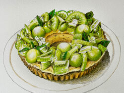 Rule 34 | colored pencil (medium), commentary request, dessert, food, food focus, fruit, fruit tart, grapes, highres, kiwi (fruit), manmosu-0607, no humans, original, plate, still life, tart (food), traditional media