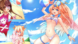 Rule 34 | 3girls, armlet, ball, beach, beachball, bikini, blonde hair, blue eyes, blush, breasts, brown hair, cleavage, day, dragon horns, dragon wings, headdress, highres, horns, jewelry, khepri (p&amp;d), khibiki (brequiem), long hair, looking at viewer, multiple girls, myr (p&amp;d), navel, open mouth, ponytail, puzzle &amp; dragons, red eyes, short hair, smile, swimsuit, wings