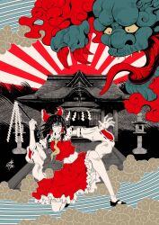 1girl 1other architecture ascot black_hair black_shoes bow detached_sleeves east_asian_architecture fine_art_parody frilled_bow frilled_hair_tubes frilled_skirt frills gohei hair_bow hair_tubes hakurei_reimu highres limited_palette long_hair long_tongue navel nihonga on_one_knee outdoors parody red_bow red_skirt ribbon-trimmed_sleeves ribbon_trim rope shide shimenawa shoes shrine skirt skirt_set stone_lantern sunburst tongue touhou traditional_youkai xiangyun yamada_satoshi yellow_ascot