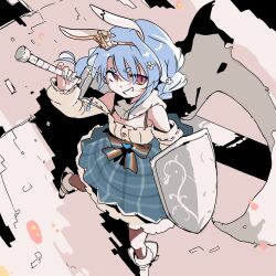 1girl animal_ears blue_hair boots bow cape checkered_clothes checkered_skirt commentary_request crown_hair_ornament detached_sleeves dress facing_viewer flower frilled_skirt frilled_sleeves frills from_above full_body greatsword grin hair_flower hair_ornament highres holding holding_sword holding_weapon hololive kureijii_saiko legs_apart looking_up off-shoulder_dress off_shoulder official_alternate_costume orange_eyes rabbit_ears rabbit_girl shadow skirt smile solo standing sword sword_on_back usada_pekora usada_pekora_(reality_fantasy) virtual_youtuber weapon weapon_on_back white_cape
