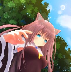1girl animal_ears arch_bishop_(ragnarok_online) blue_eyes blue_sky blush brown_dress brown_hair cat_ears cat_girl closed_mouth cloud commentary_request cross cross_necklace day dress jewelry lap_pov lens_flare long_hair looking_at_viewer necklace outdoors ragnarok_online rozelia00 sky smile solo tree upper_body white_dress